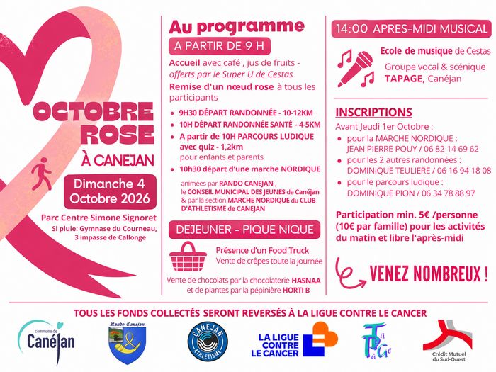 Programme détaillé en description ; octobre rose, le 4 octobre