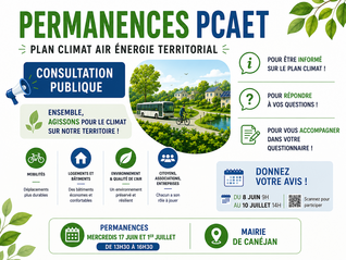 permanences pcaet, mercredis 17 juin et 1er juillet, de 13h30 à 16h30, mairie de Canéjan