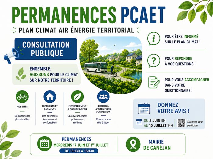 permanences pcaet, mercredis 17 juin et 1er juillet, de 13h30 à 16h30, mairie de Canéjan
