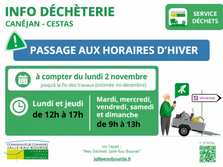 Déchèterie : passage horaires d'hiver à compter du 2/11. Horaires adaptés le temps des travaux.