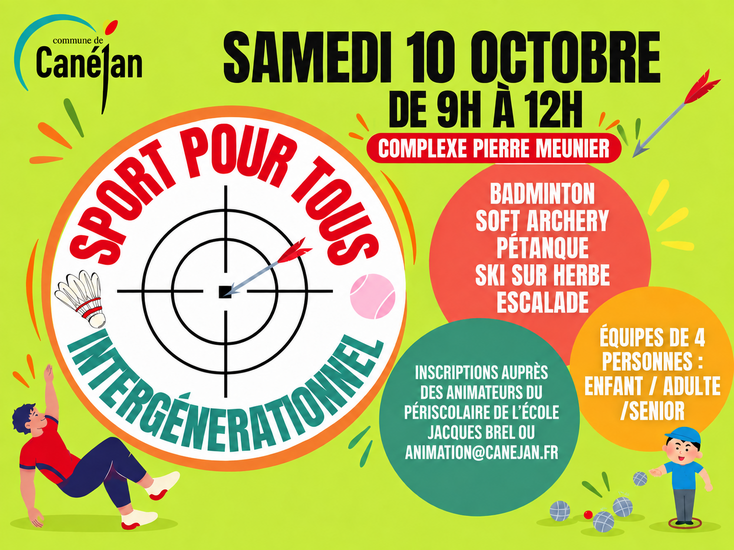 Journée intergénérationnelle ; Sport pour tous ; samedi 10 octobre de 9h à 12h ; nombreux sports ; équipes de 4 personnes