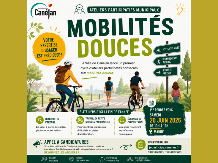Ateliers participatifs mobilités ; diagnostic mobilités douces, appel à candidatures, première réunion 20 juin de 10h à 12h en mairie